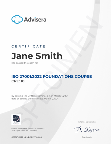 ISO 27001:2022 Foundations Course Certificate